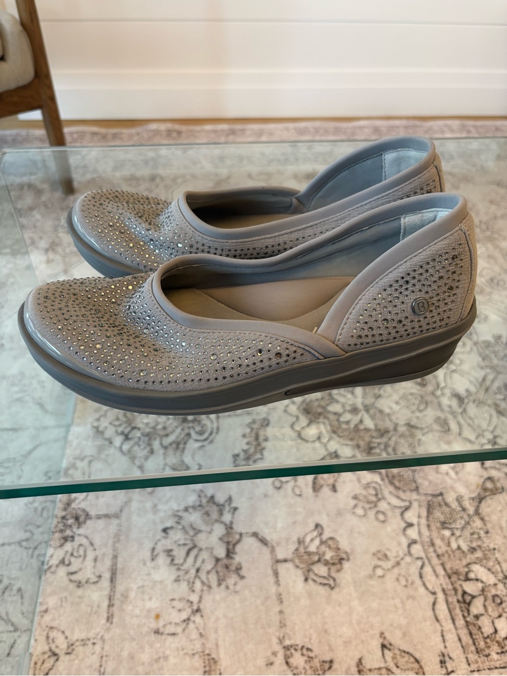 Bzees Women's Gray Slip-On Rhinestone Comfort Shoes | Size 9